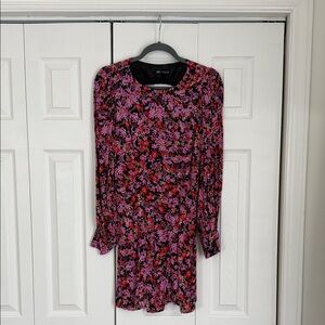 Zara Black Dress with Pink and Red Floral Print — Long Sleeve